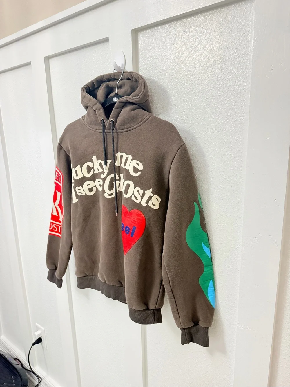 Cactus Plant Flea Market Black Hoodie with Pink Heart and Green Flame Sleeves